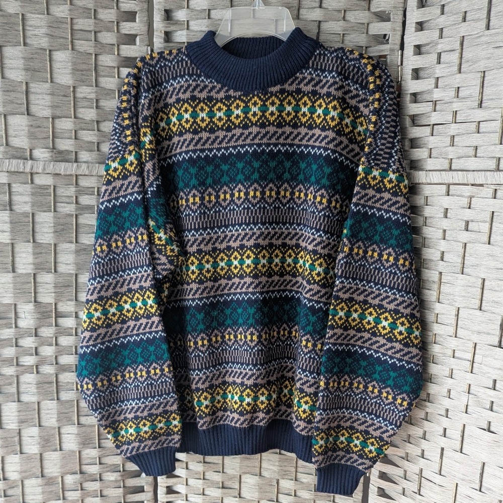 Vtg 90s Sweater Navy Green Yellow Fair Isle Geometric Mens XL Cozy Cabin Preppy